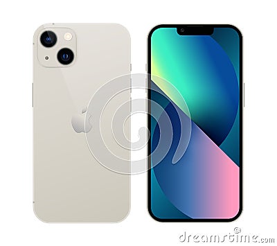 Smart phone Appe iPhone 13 in front and back sides, in official white color, on white background. Realistic vector illustration Vector Illustration