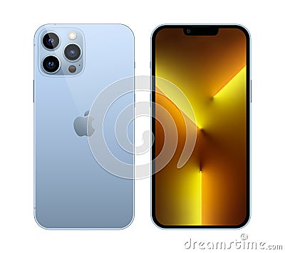 Smart phone Apple iPhone 13 Pro, in front and back sides, and in official blue color, on white background. Realistic vector Vector Illustration