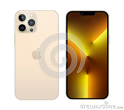 Smart phone Apple iPhone 13 Pro, in front and back sides, and in official golden color, on white background. Realistic vector Vector Illustration