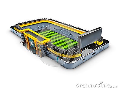 Smart phone as football field, watch online, bet online concept, 3d Illustration Stock Photo