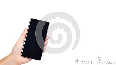 smart phone with blank screen in hand isolated on white background, big mobile, black cellphone, 5.5 inch communicator. copy space Stock Photo