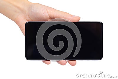 Smart phone with blank screen in hand isolated on white background, big mobile, black cellphone, 5.5 inch communicator Stock Photo