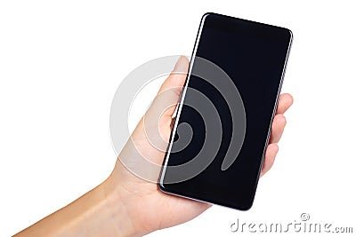 Smart phone with blank screen in hand isolated on white background, big mobile, black cellphone, 5.5 inch communicator Stock Photo