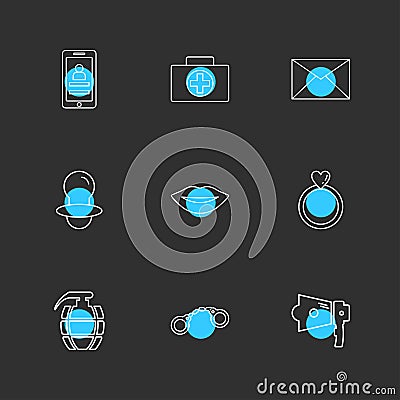 smart phone , breifcase , message , nipple , lips , ring, gernade , handcuffs , speaker , eps icons set vector Vector Illustration