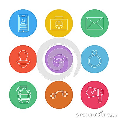 smart phone , breifcase , message , nipple , lips , ring, gernade , handcuffs , speaker , eps icons set vector Vector Illustration