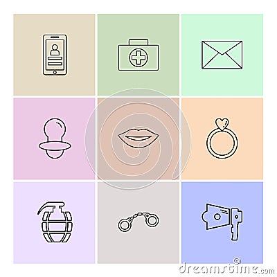 smart phone , breifcase , message , nipple , lips , ring, gernade , handcuffs , speaker , eps icons set vector Vector Illustration