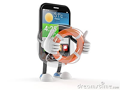 Smart phone character holding life buoy Stock Photo