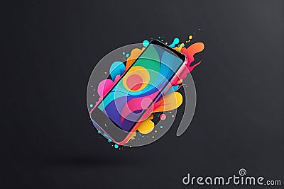 Smart phone with colorful splashes on black background Cartoon Illustration