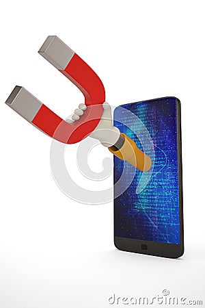 The smart phone comes out a hand with a magnet isolated on white background 3D illustration Cartoon Illustration