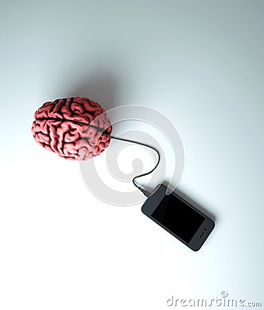 Smart phone connected to human brain Cartoon Illustration