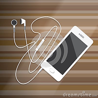 Smart Phone with Earphone on wood desktop Vector Illustration