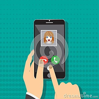 Smart phone on hand with incoming call from girl, vector illustration Vector Illustration