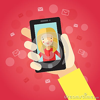 Smart phone in hand. On the red background with envelopes. Video call with girl (blonde long hair). Stock Photo