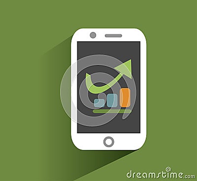 Smart phone with increasing bar chart on the screen. Using smartphone similar to iphone for business, flat design Vector Illustration