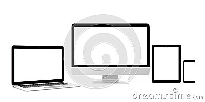 Smart phone, laptop, desktop computer with blank screen for copy space Stock Photo