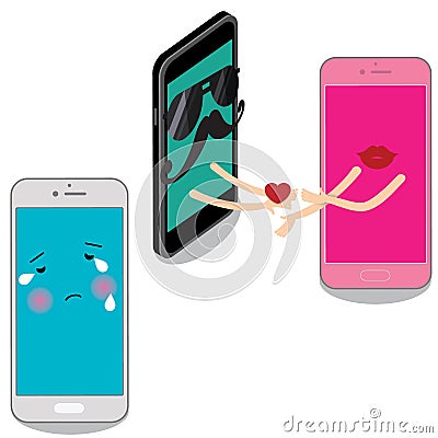 Smart phone man delivers a heart to pink cell. Vector Illustration