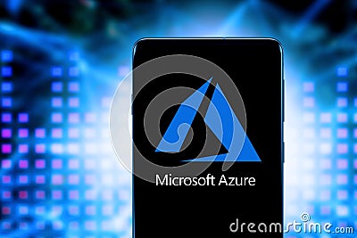 Smart phone with the Microsoft Azure logo, is a cloud service offered as a service and hosted in Microsoft Data Centers. Editorial Stock Photo