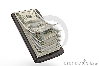 Smart phone with money concept dollars.3D illustration. Cartoon Illustration