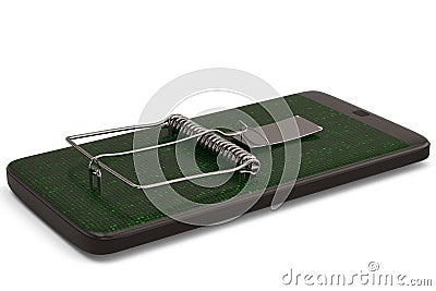 A smart phone and mousetrap isolated on black background 3D illustration Cartoon Illustration