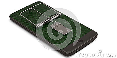 A smart phone and mousetrap isolated on black background 3D illustration Cartoon Illustration