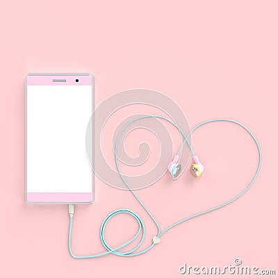 Smart phone pastel pink color and earphones wire heart shape Stock Photo