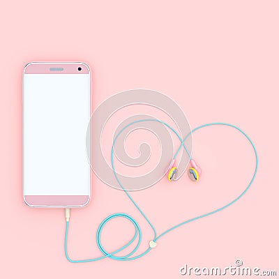 Smart phone pink color and earphones pink color heart shape Stock Photo