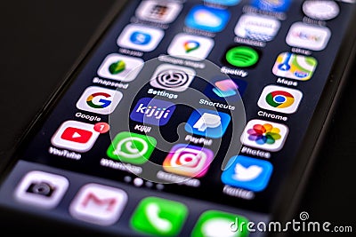 Smart phone screen displaying popular social network apps Editorial Stock Photo