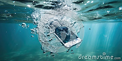 Smart phone underwater and suffering damage by the water, AI generated Stock Photo