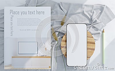 smart phone with white screen mock up for text and element design and book mock up for modern style design with color code Cartoon Illustration