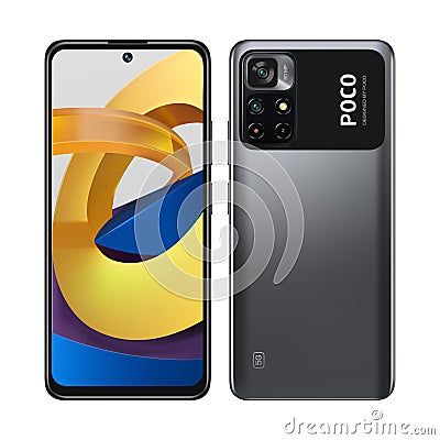 Smart phone Xiaomi Poco M4 Pro in front and back sides, in official black color, on white background. Realistic vector Vector Illustration