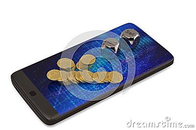 Smart phones and dice and gold coins 3d illustration. Cartoon Illustration