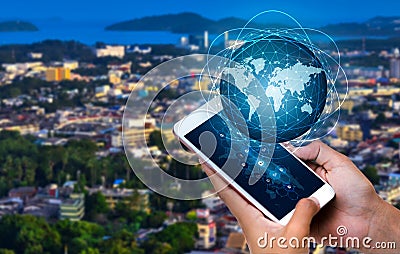 Smart Phones and Globe Connections Uncommon communication world Internet Business people press the phone to communicate in the Int Stock Photo