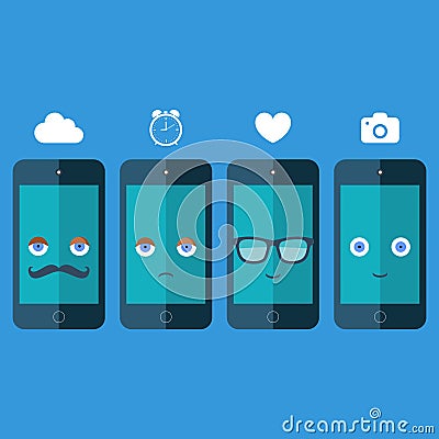 Smart phones with sunglasses, eyes, mustache and smile on blue background. Design vector illustration. Vector Illustration