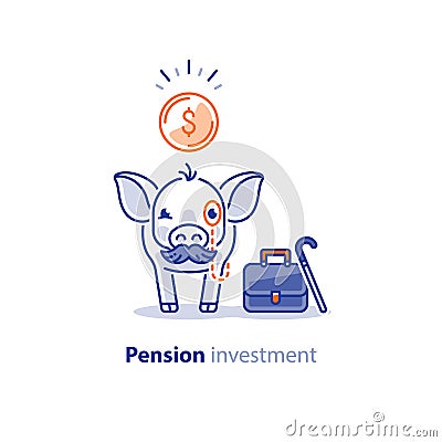 Smart pig in hat with mustache, superannuation fund, pension savings investment plan Vector Illustration