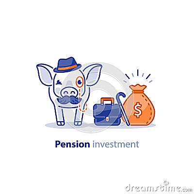 Smart pig in hat with mustache, superannuation fund, pension savings investment plan Vector Illustration