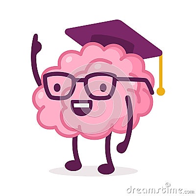 Smart Pink Brain Wearing Mortarboard Graduation Cap with Tassel, Funny Human Nervous System Organ Cartoon Character Vector Illustration