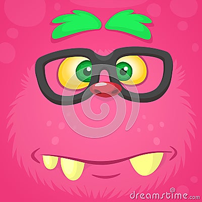 Smart pink monster face. Vector monster square avatar. Funny monster. Vector Illustration