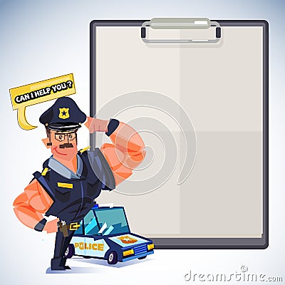 Smart policeman showing muscle with clipboard to presentation. strong police character design. policeman can help you concept - ve Stock Photo