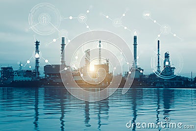 Smart refinery factory and wireless communication network, physical system icons diagram on industrial factory and infrastructure Stock Photo