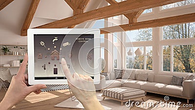 Smart remote home control system on a digital tablet. Device with app icons. Interior of modern living room in the background, arc Stock Photo