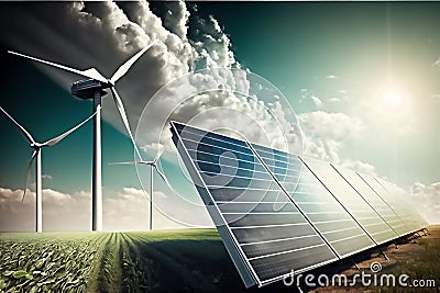 Smart Renewable Energy: Solar and wind energy smart renewable solution sustainable future alternative to fossil fuels Stock Photo