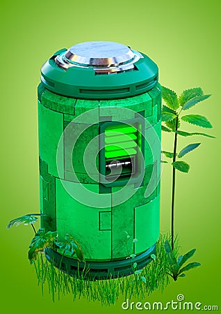 Smart renewable green energy battery with green leds and plants around it. clean and sustainable energy concept Cartoon Illustration
