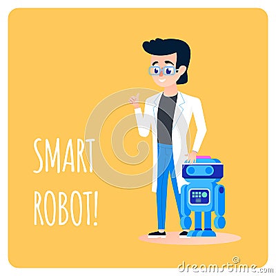 Smart Robot Machine with Human Scientist. Cartoon Vector Illustration
