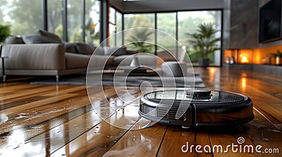 Smart robot vacuum at work, keeping cozy room spotless Stock Photo
