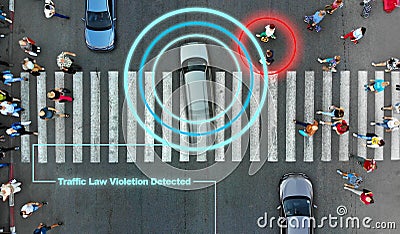 Smart robotic road control technology concept. Aerial from drone. Violation of traffic rules. Stock Photo