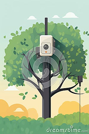 A smart sensor p on a tree to detect any changes in the local environment and alert authorities of potential danger Stock Photo