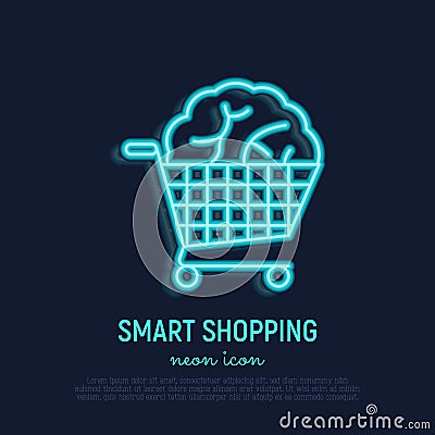 Smart shopping neon thin line icon: brain in trolley. Loyalty program, referal system, cashback. Modern vector illustration Vector Illustration