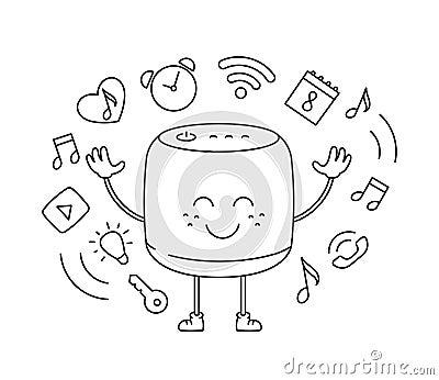 Smart Speaker assistant Character performing various tasks. Vector editable outline stroke. Vector Illustration