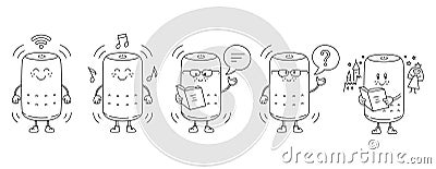 Smart Speaker assistant Character set. Performing various tasks. Vector editable outline stroke. Vector Illustration