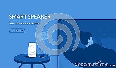 Smart speaker in the bedroom, voice command device with integrated virtual assistant Vector Illustration